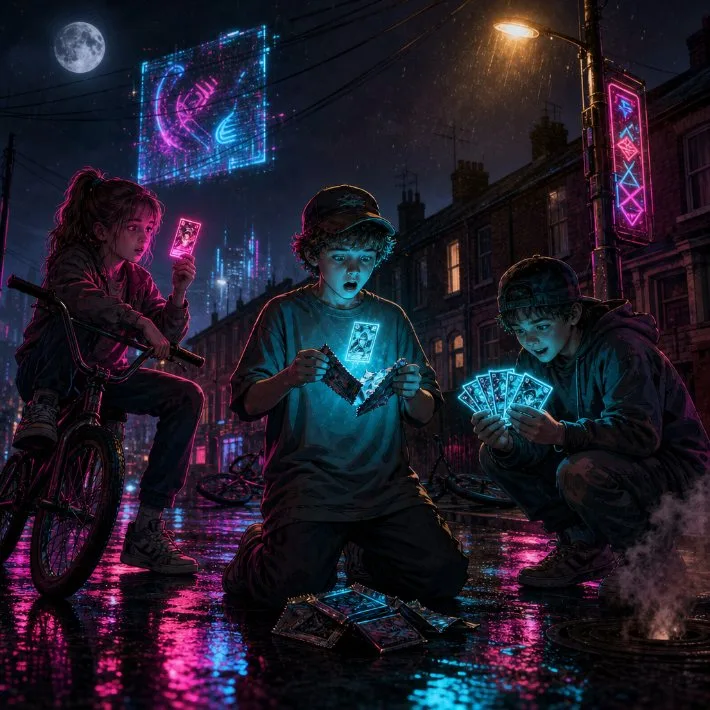 Neon-lit night street scene: kids on BMX bikes on a rain-soaked road, tearing open glowing trading-card packs under the city lights